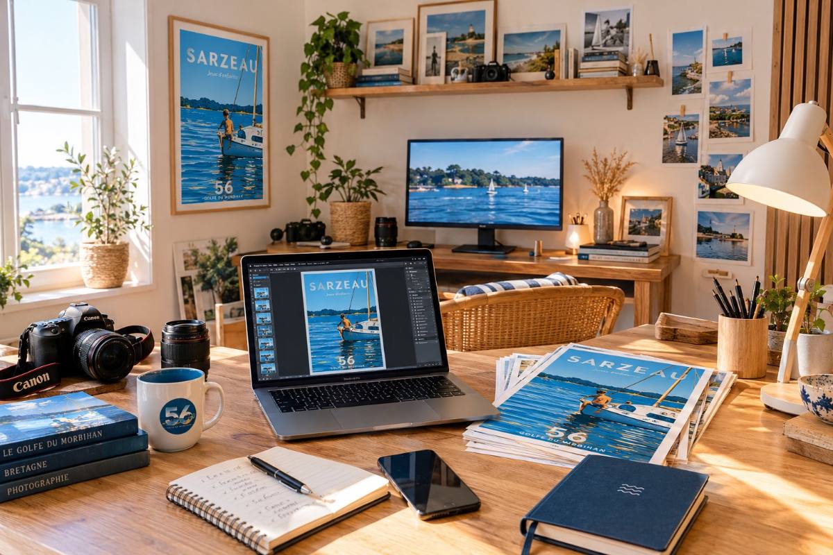 Bureau de création avec des supports imprimés, un appareil photo et un ordinateur